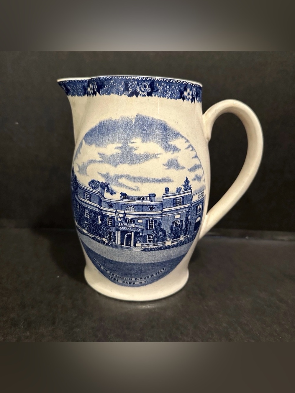 Vintage Staffordshire Hyde Park Roosevelt 7" Pitcher Blue White Patina AS IS